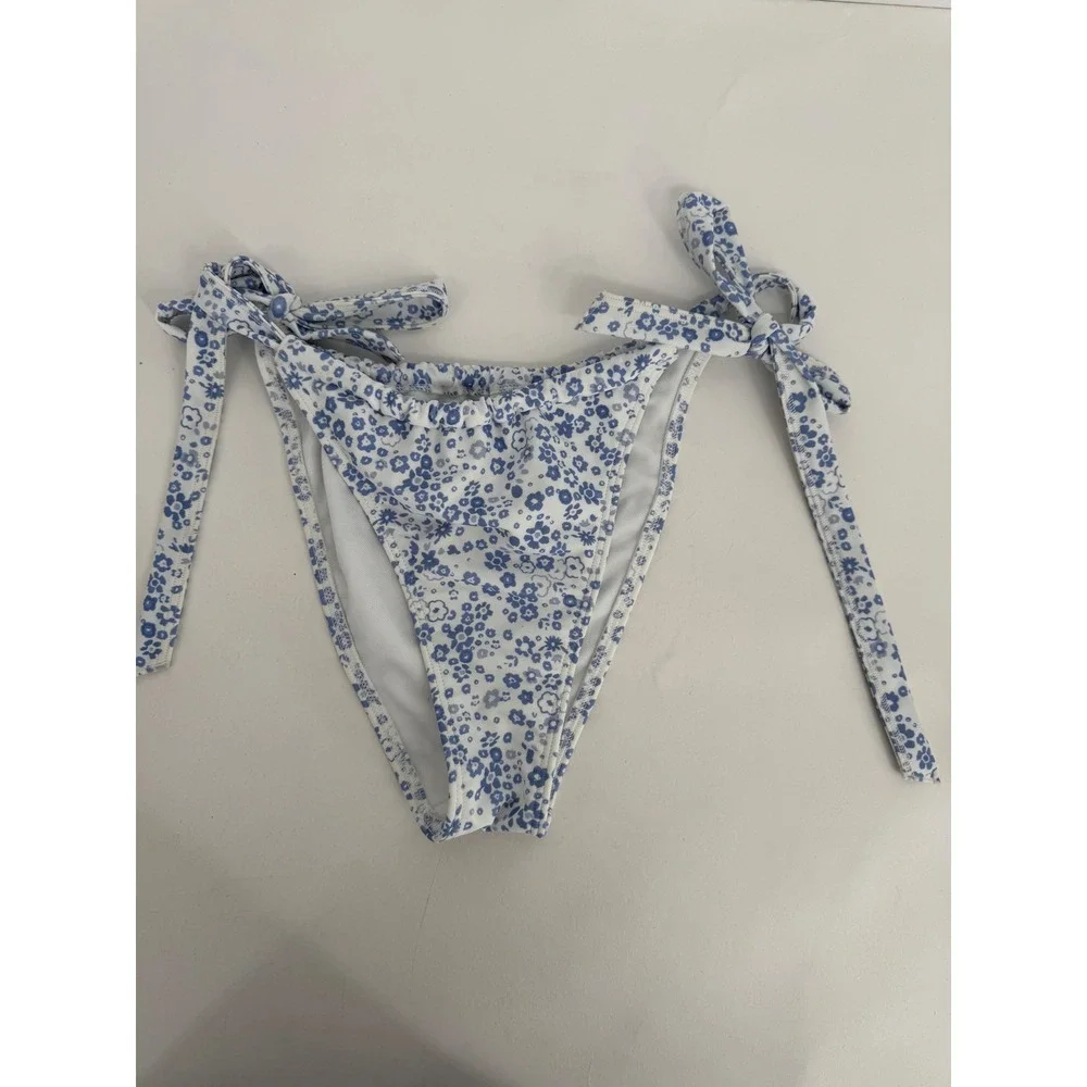 Hollister Blue White Floral Side Tie Bikini Bottoms High Cut Women Medium M